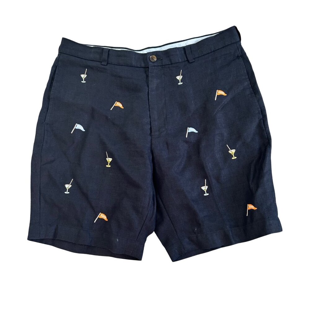 Brooks Brothers Country Club Linen Shorts W37 Golf & Cocktail Embroidery Navy